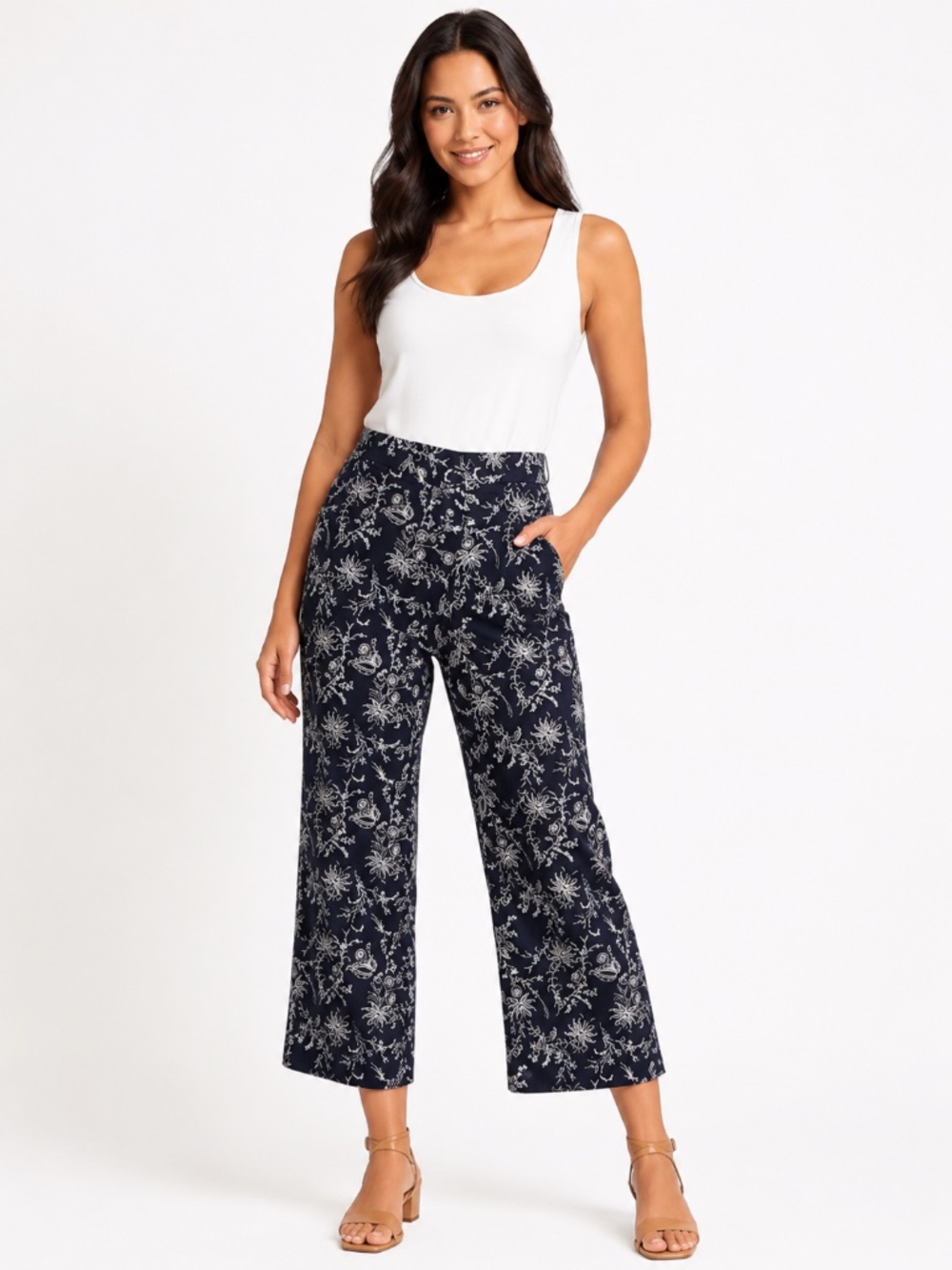 Caslon Linen Blend Floral Wide Leg Crop Pants | NWT